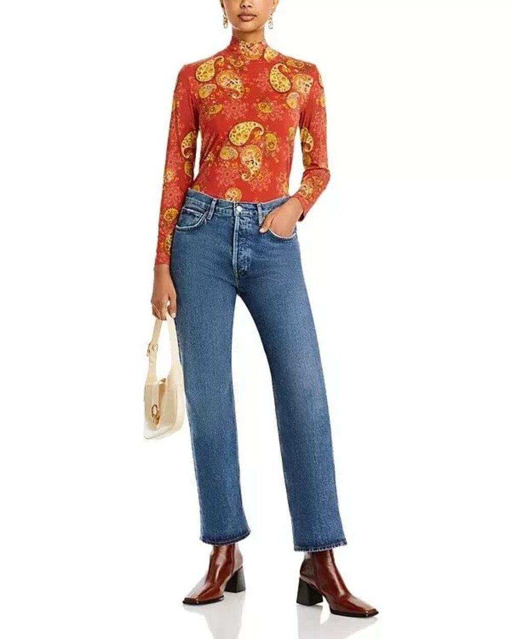 Johnny Was womens The Janie Rust Paisley Lace Favorite Mock Neck Top size Large